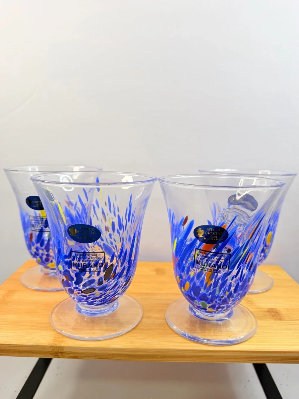Set of 4 Murano White Cristal Hand Made In Italy Footed Glass Tumblers 4.75